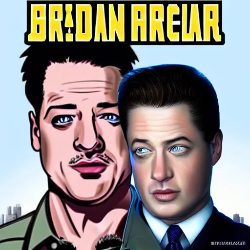 Prompt: Brendan Fraser in the style of a Grand Theft Auto Cover