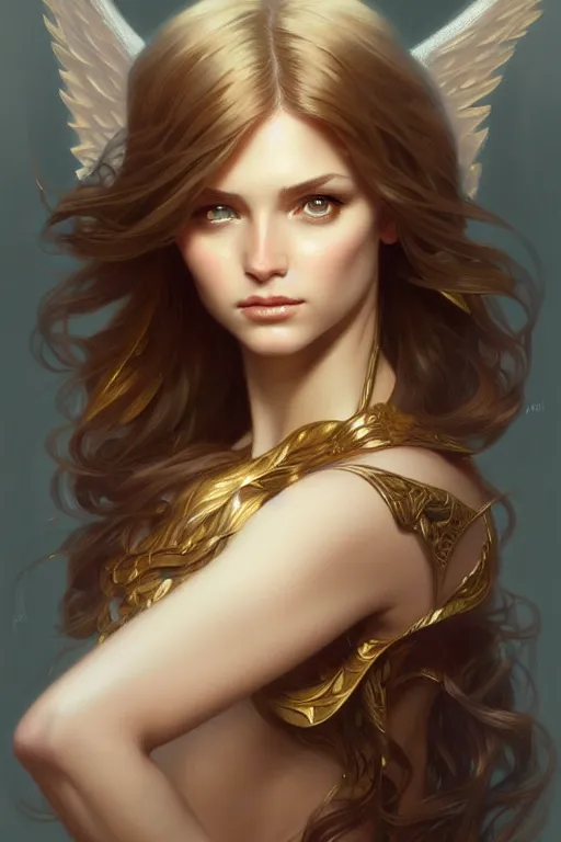 Image similar to Angel portrait, fantasy, amber eyes, face, long hair, intricate, elegant, highly detailed, digital painting, artstation, concept art, smooth, sharp focus, illustration, art by artgerm and greg rutkowski and alphonse mucha