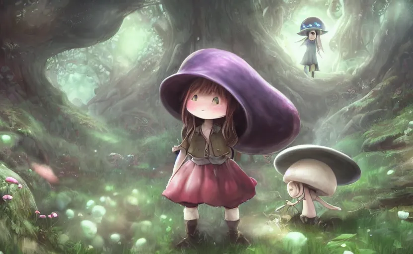 Image similar to cute little girl with a mushroom hat in the dark forest next to a sinister shadow monster, cute, clean detailed art, inspired by made in abyss, detailed background, fantastic world