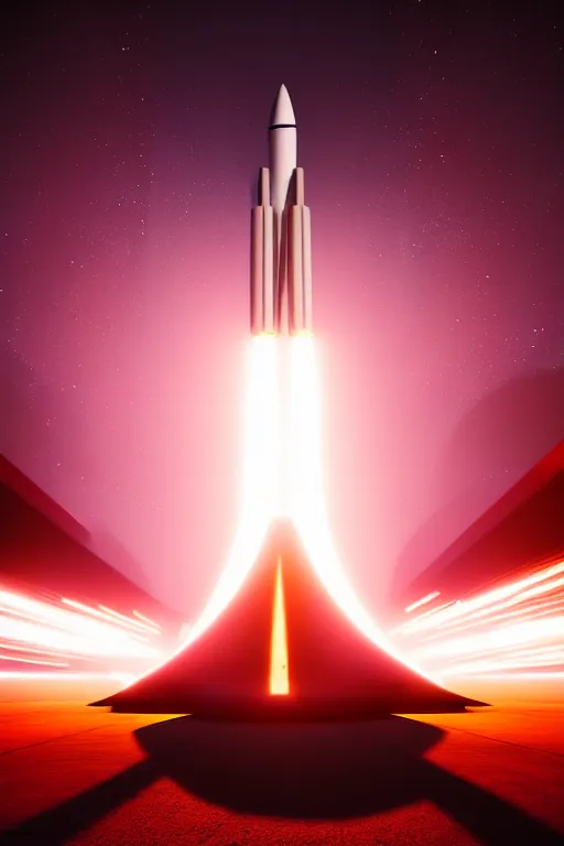 Image similar to hyperdetailed photograph of a futuristic sleek fast rocket launching and leaving huge plumes of smoke, cinematic, volumetric lighting, night