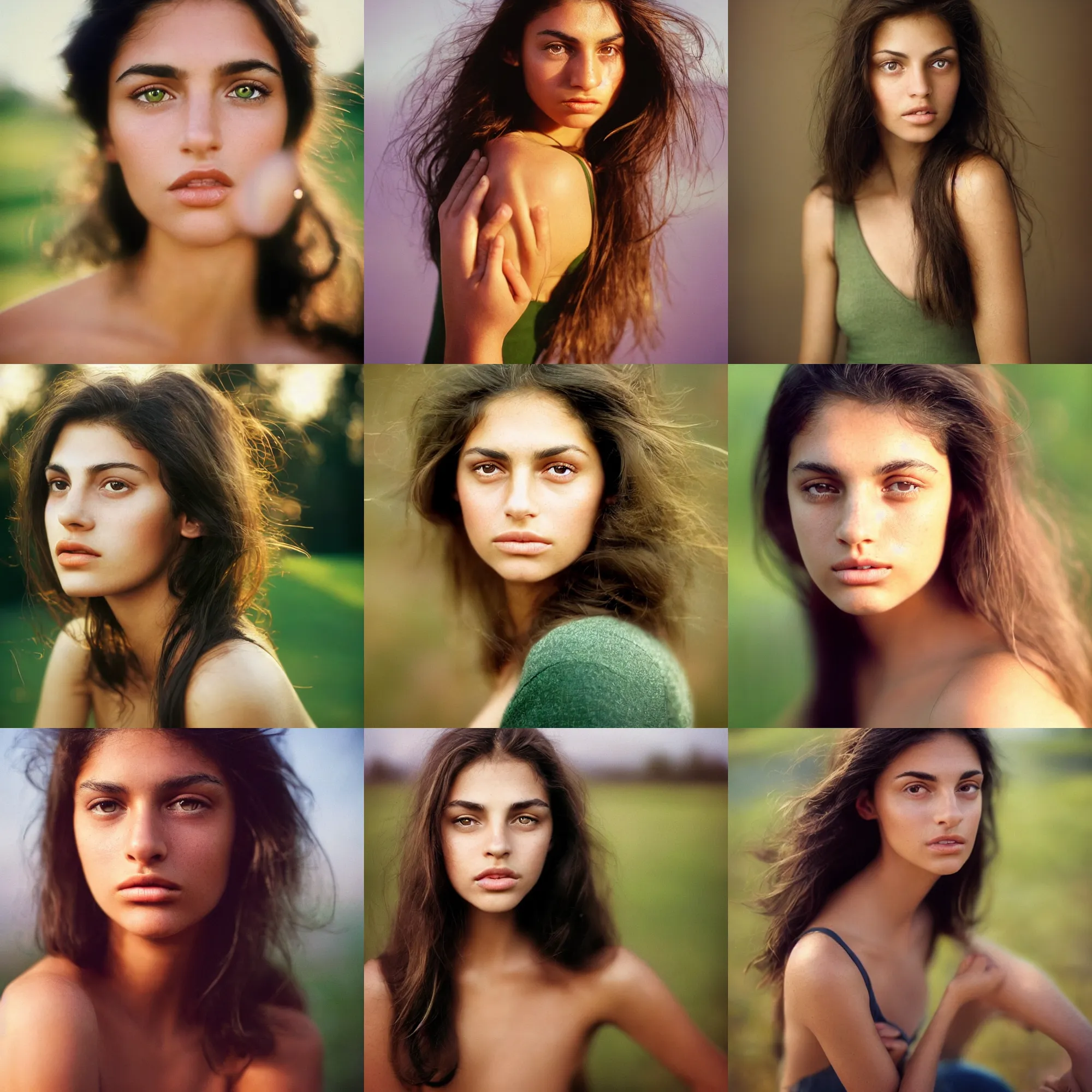 Prompt: head and shoulder frontal face portrait photography of a beautiful young brunette with dark tanned skin, green eyes, bushy eyebrows, thick lips, by Annie Leibovitz. Kodak Portra 800 film. Depth of field. whirl bokeh. Golden hour. detailed. hq. realistic. warm light. muted colors. Moody. Filmic. Dreamy. lens flare. Leica M9, f/1.2, symmetrical balance, in-frame