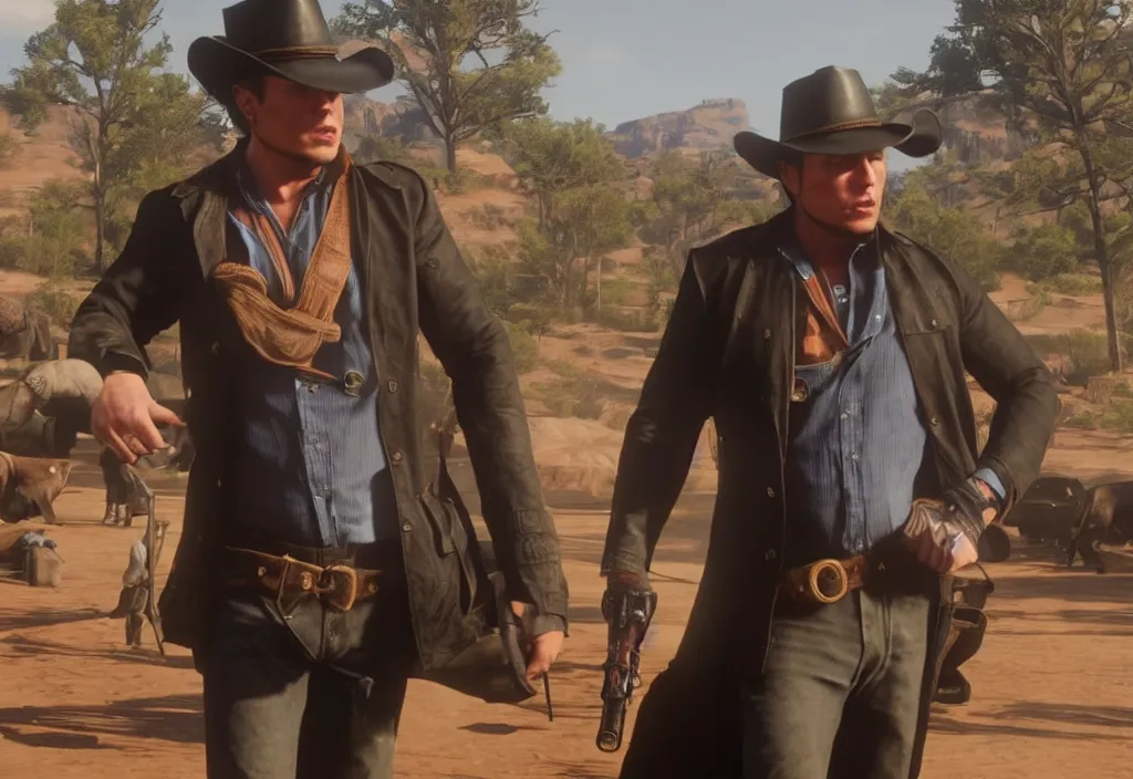 Image similar to elon musk in the red dead redemption 2, elon musk in the video game red dead redemption 2, gameplay screenshot, close up, 3 d rendering. unreal engine. amazing likeness. very detailed.