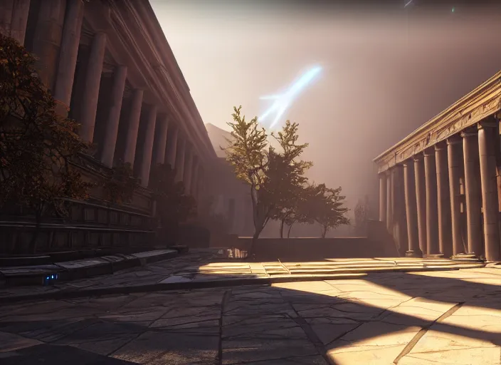 Image similar to ancient european court building with red shafts of light in destiny 2, foggy, liminal, dark, dystopian, beautiful architecture, abandoned, highly detailed 4 k 6 0 fps in - game destiny 2 gameplay screenshot leak