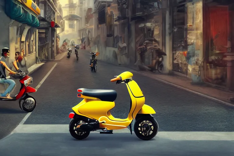 Image similar to moped scooter racing on the street, by etienne dinet, high details, 4 k, golden composition, artstation cgsociety