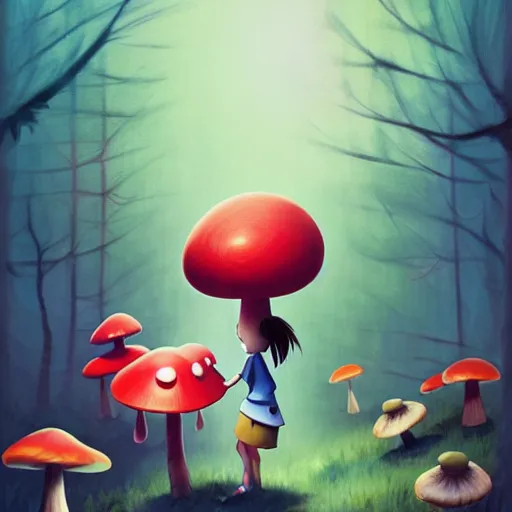 Image similar to goro fujita ilustration a cheerful girly monster collecting mushrooms in the forest, painting by goro fujita, sharp focus, highly detailed, artstation