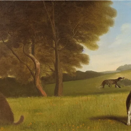Image similar to oil painting by george stubbs of a giant cat standing in a meadow with a man wearing 1 8 th century clothing.