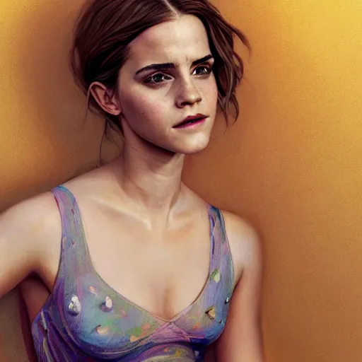 Prompt: highly detailed painting of emma watson wearing a underboob dress, gta 5 cover art, stephen bliss, 8 k, by greg rutkowski, artgerm, loish, rhads, global illumination, radiant light, detailed and intricate environment