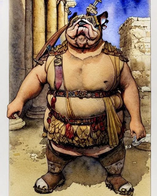 Prompt: a realistic and atmospheric watercolour fantasy character concept art portrait of a fat adorable chibi bulldog roman soldier in a roman temple, by rebecca guay, michael kaluta, charles vess and jean moebius giraud