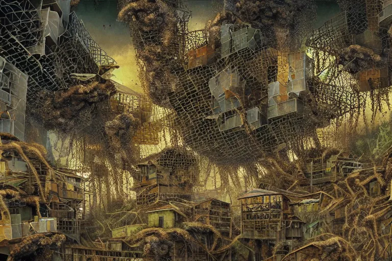 Prompt: favela jellyfish honeybee hive, wooded environment, industrial factory, horror, award winning art, epic dreamlike fantasy landscape, ultra realistic,