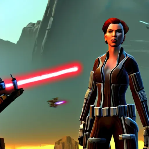 Image similar to video game screenshot of Scarlett Johansson in Star Wars the Old Republic