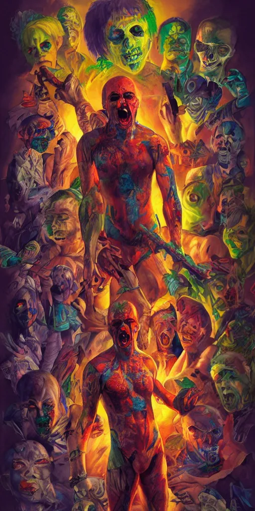 Prompt: Bright, colorful, realistic Serial killer rpg single individual full body gore covered with scars and tattoos screaming, backlighting, kodachrome, high contrast, highly detailed, sharp focus, digital painting, concept art, illustration, trending on artstation, comic book by Alex Ross cover art