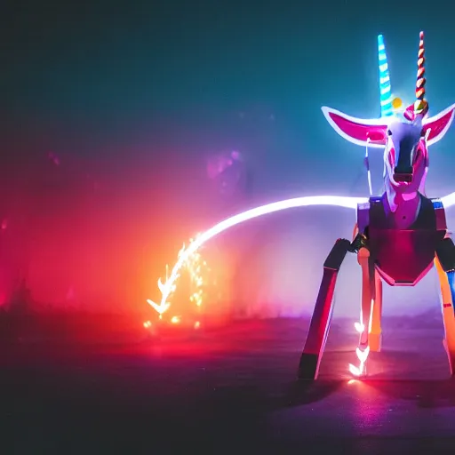 Prompt: a flaming, robotic unicorn, rearing up in front of an endless, digital space, surrounded by drones with cameras, synthwave, dslr photo