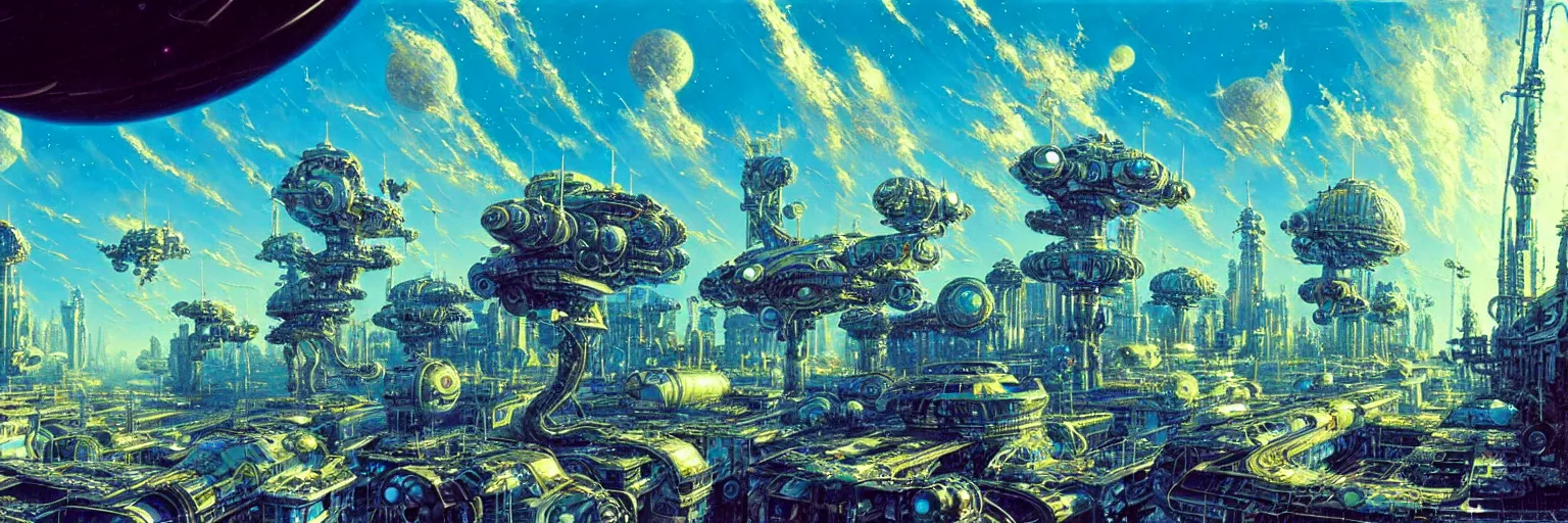 Image similar to ultra realist intricate detailed painting of an alien world with buildings, blue sky, very intricate details, bokeh focus, 8 k render, artstyle chris foss and john berkey, award winning