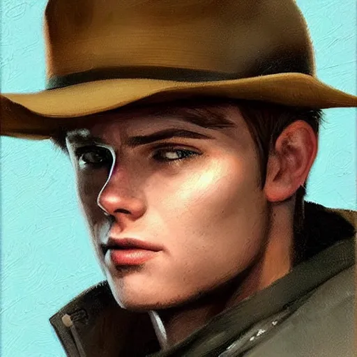 Prompt: modern oil portrait of young charming gunslinger jack, very very very very very beautiful art, masterpiece, realistic and detailed, artstation, artificial lightning