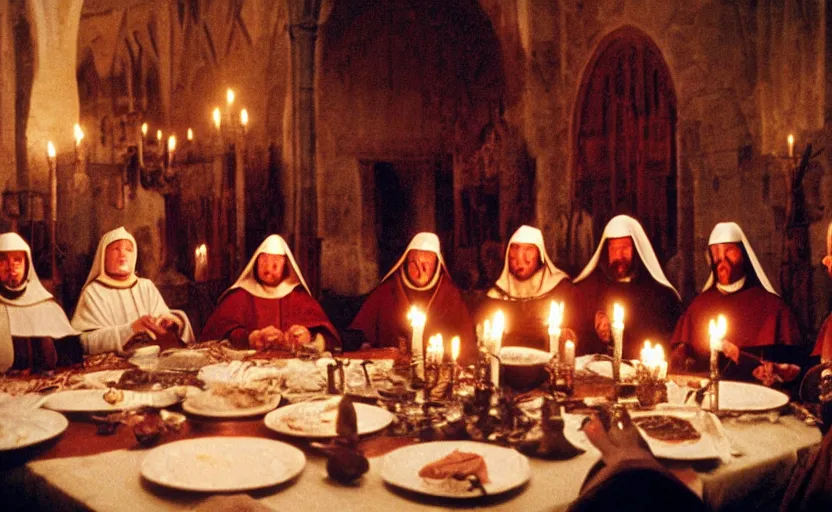 Image similar to Medieval knights and Nuns sitting around a big dinner table with candles in the shining by stanley kubrick, shot by 35mm film color photography