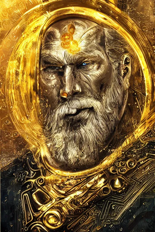 Image similar to mythological odin all father supreme God of thunder and artificial intelligence creating himself with an artificial neural network with gold synapses on an anvil with a hammer, high resolution, award winning art, trending on art station, sharp image, incredibly detailed, detailed character realistic painting