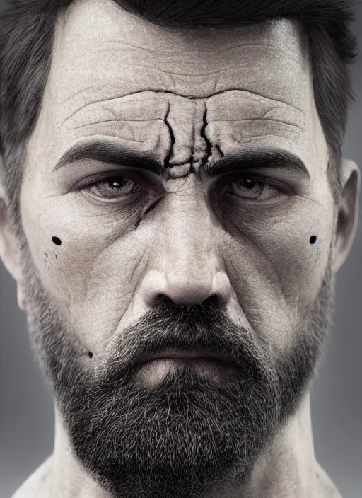 Prompt: a portrait picture of a stern looking middle - aged man, crew cut, brown hair, rugged looks, serious face, stubble, scar on the cheek, highly detailed, digital art, realistic, 4 k, studio lighting, trending on artstation