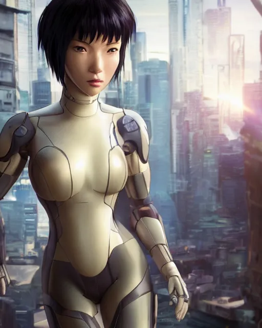 Image similar to weta disney pixar movie still portrait photo of motoko kusanagi ghost in the shell : : as cyborg woman by pixar : : by weta, wlop, ilya kuvshinov, rossdraws, artgerm, marvel, maxim cover, latex, octane render, sweaty, iridescent, bright morning, anime, liosh, mucha : :