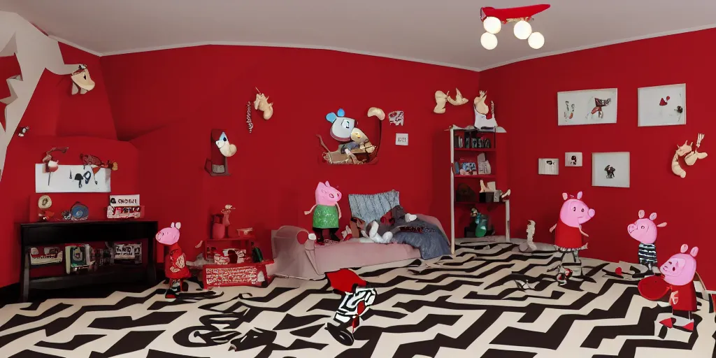 Prompt: peppa pig and pumbaa in the red room from twin peaks. black and white zig zag floor, strange