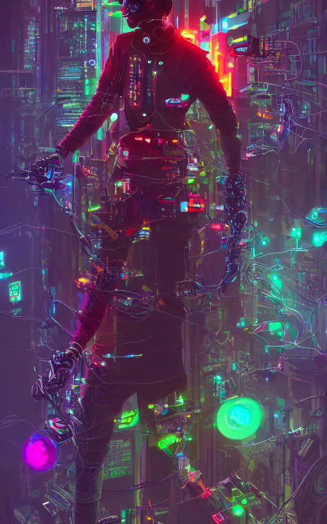 Prompt: a stunning rendition of full-body young cyberpunk male connected to technology by lots of wires, very intricate, hyper realistic, octane render, very colorful, vibrant, cinematic, amazing details, by Josan Gonzalez, by Max Prentis