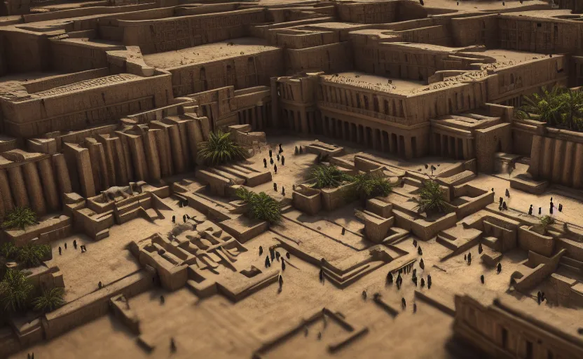 Image similar to inside an ancient egyptian inspired kingdom city with people walking around, highly detailed, 8 k, hdr, award - winning, octane render, artstation