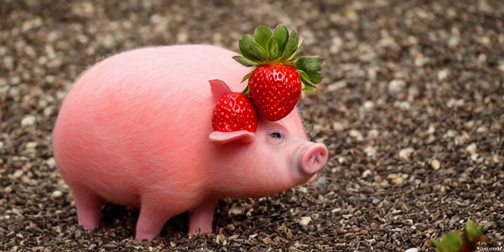 Prompt: a cute strawberry pig body animal looking at the camera; red strawberry seed skin