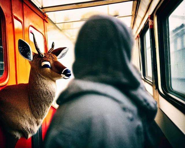 Image similar to a lomography photo of rumble between two human with deer head in soviet train this morning, bokeh,