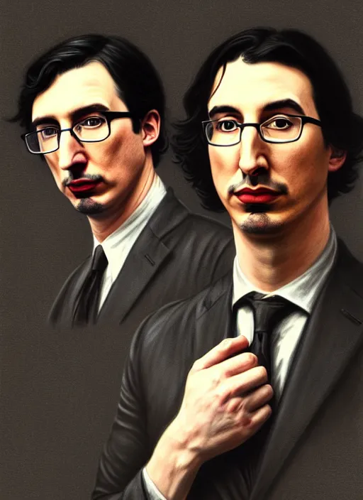 Image similar to painting of both john oliver and adam driver together, john oliver, adam driver, stoic, full body, military uniform, fantasy, intricate, elegant, beautiful, highly detailed, charcoal, centered, dark, smokey, digital painting, concept art, smooth, sharp focus, illustration, art by artgerm, art by greg rutkowski, art by alphonse mucha