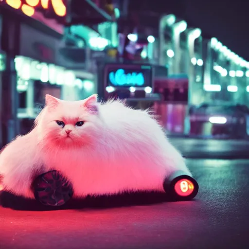 Prompt: a fluffy roadster covered with white fur in the shape of a British Shorthair cat, parking in the street, Cyberpunk, neon light, front view, 4k, hd, highly detailed