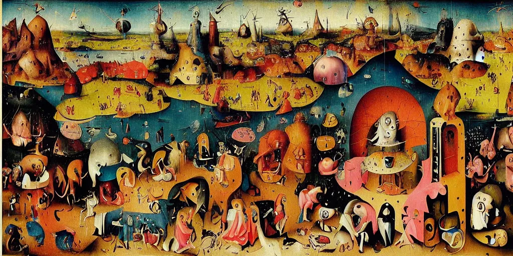 Image similar to “colorful depiction of modern life by hieronymus bosch and lisa frank”