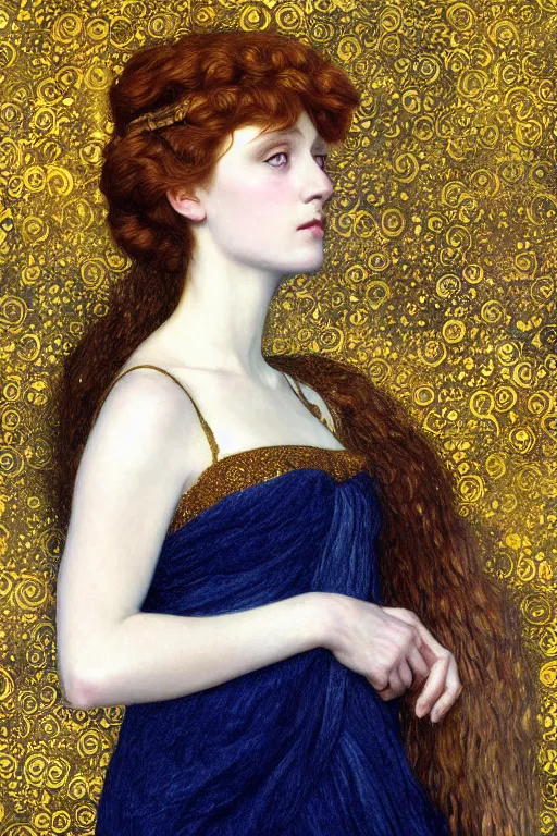 Image similar to Portrait of a Beautiful sad female, elegant, digital painting, Pre-Raphaelites, highly detailed, concept art, smooth, sharp focus, gold and indigo, illustration, art by Klimt .