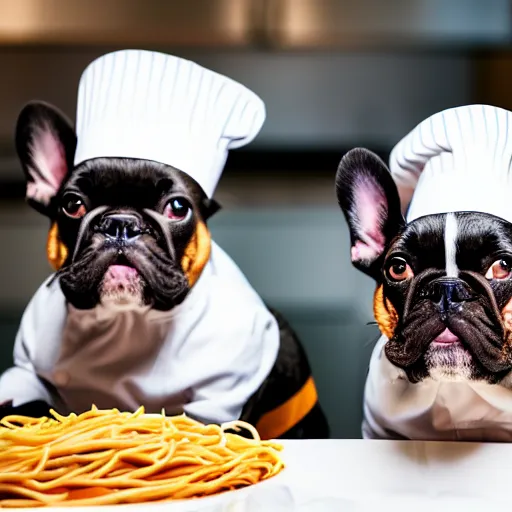 Image similar to a 8k highly detailed still photo by David Bailey of Two multi-colored French Bulldogs in chef hats and aprons starring on a cooking show, a plate of spaghetti is prepared, a high end restaurant kitchen in the background, bokeh