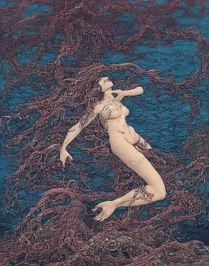 Image similar to a mermaid swimming deep underwater amongst seaweed and sea creatures, mermaid, high detailed beksinski painting, part by adrian ghenie and gerhard richter. art by takato yamamoto. masterpiece, dark and moody, deep colours, blue