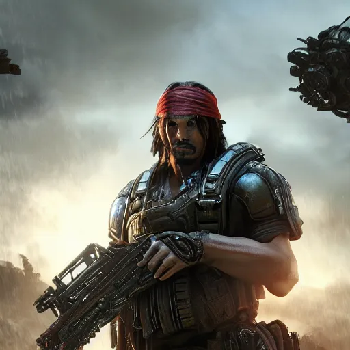 Prompt: ( ( ( ( captain jack sparrow ) ) ) ) in gears of war, splash art, movie still, cinematic lighting, dramatic, octane render, detailed face, long lens, shallow depth of field, bokeh, anamorphic lens flare, 8 k, hyper detailed, 3 5 mm film grain