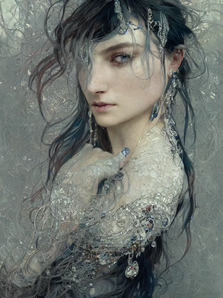 Image similar to a highly detailed beautiful white haired woman, adorned with precious stones, intricate line drawings by jeremy mann and alphonse mucha, 8 k resolution, trending on artstation, very very detailed, masterpiece, stunning,