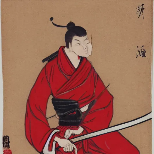 Image similar to man in red and white cloth holding a shing katana