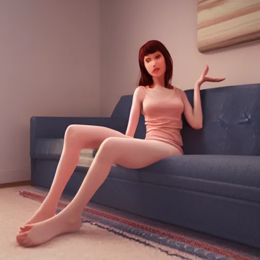 Image similar to 3 d render of a cute thin young woman, red blush, wearing casual clothes, small smile, relaxing on a couch, cuddling up under a blanket, cozy living room, medium shot, 8 k, octane render, trending on artstation, art by artgerm, unreal engine 5, hyperrealism, hyperdetailed, ultra realistic