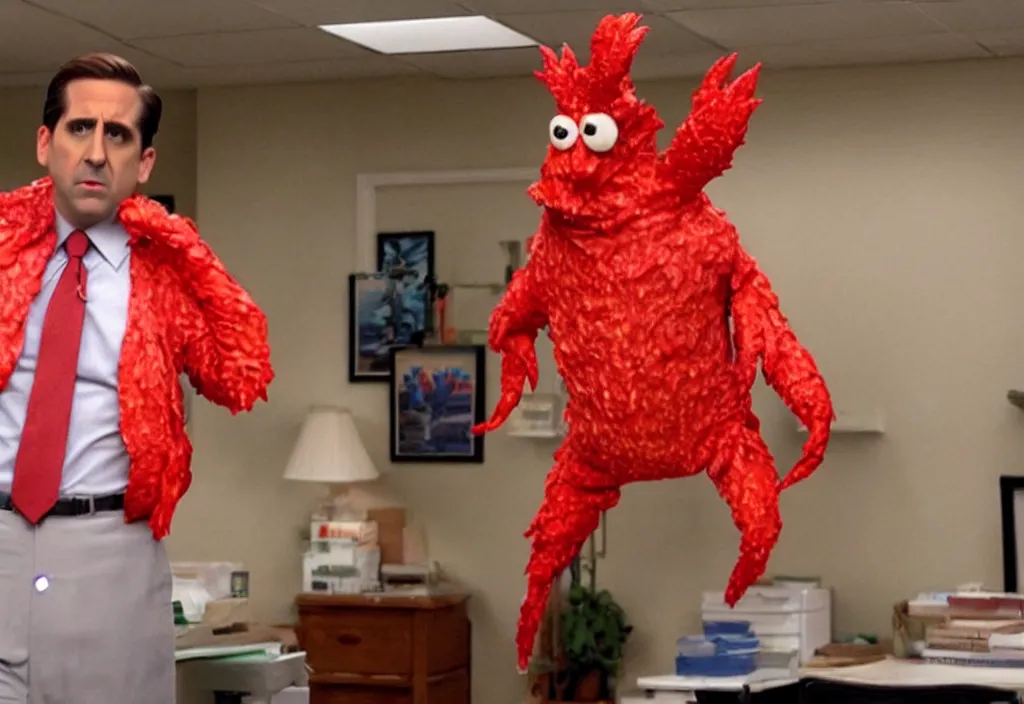 Prompt: michael scott in lobster costume, video still from the office tv show