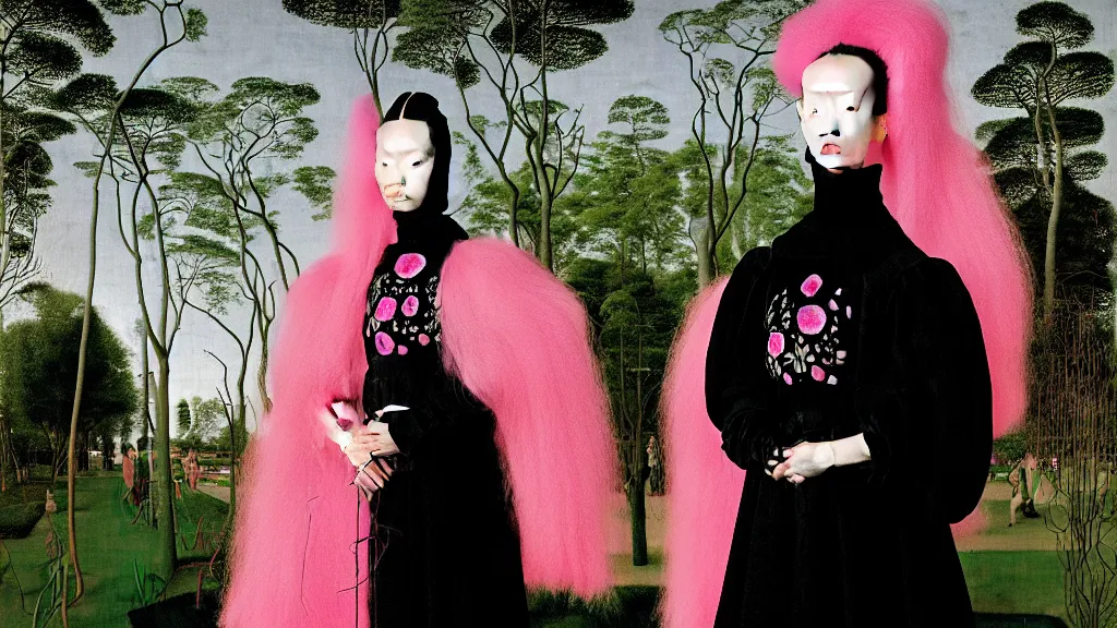 Prompt: symmetrical portrait of a woman with pink frizzy hair, wearing a embroidered black mask and a high collar black dress by balenciaga, standing in a botanical garden, bjork aesthetic, masterpiece, cyberpunk, in the style of rogier van der weyden and jacopo da pontormo, masterpiece, asian art