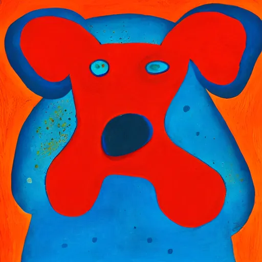 Prompt: A red dog sitting in the middle with red spots. in the art style of Picasso Blue Period. Dramatic lighting, minimal painting, high resolution. Positive vibes