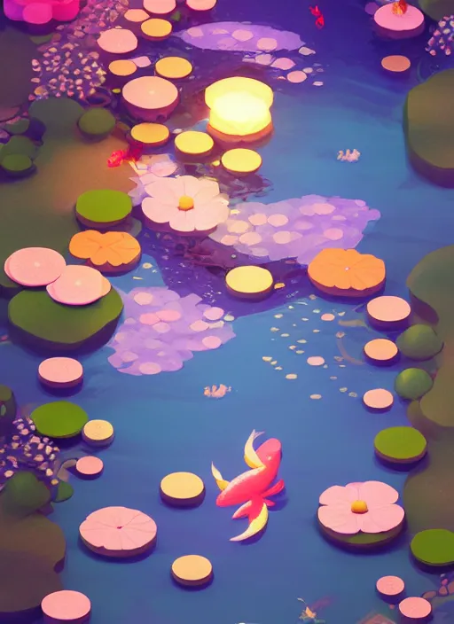 Image similar to sparkling pastel cute voxel art of a koi pond, behance, artstation, cute, Japanese, 3d render, unity, beautiful lighting, extremely beautiful, very beautiful award winning art Huang Guangjian and Gil Elvgren and Sachin Teng , Greg Manchess