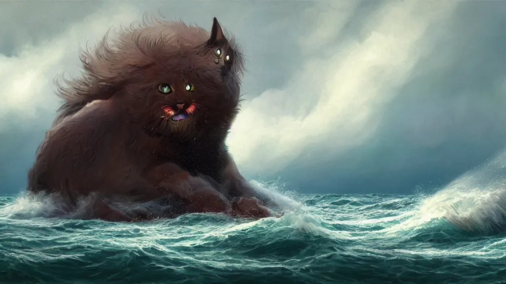 Image similar to a gigantic cat bursting out of a stormy sea attacking a small sail boat, wet fur, giant waves, sunbeams in background, intricate, detailed, volumetric lighting, sharp focus, scenery, photorealism, digital painting, highly detailed, concept art, by roger dean and simon stalenhag and mark brooks