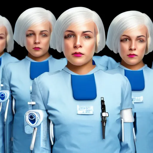 Image similar to troop of 9 0 year old women with white bob hairdos, tight light blue neopren pilot suits, futuristic cloning facility, sci - fi, highly detailed, cinematic