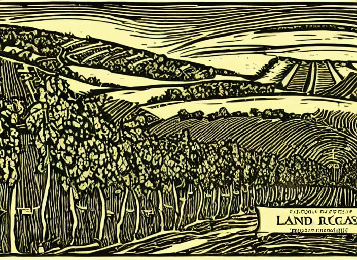 Image similar to wine label template, linocut vineyard landscape by greg rutkowski, fine details, highly detailed