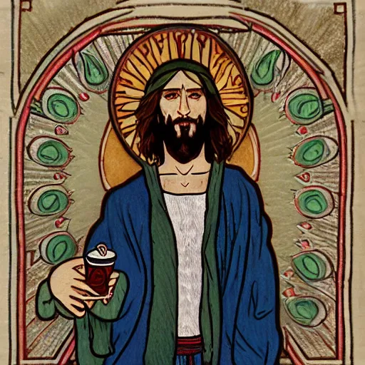 Prompt: an extremely detailed illuminated manuscript of a ridiculously good looking hipster jesus that looks stoned and drinking espresso from a tiny teacup, ultrawide lens, wearing a jean jacket with a nirvana jacket and a beenie, carrying a skateboard shaped like a crucifix, waxed beard, very detailed, beautiful, intricate, art by rembrandt and alphonse mucha, octane render