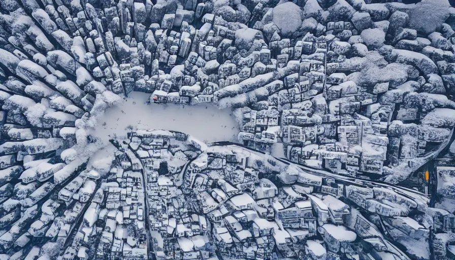 Prompt: the city of rio de janeiro covered in snow, winter photograph, snowing, aerial view, 4 k, award winning photograph, beautiful, trending on instagram