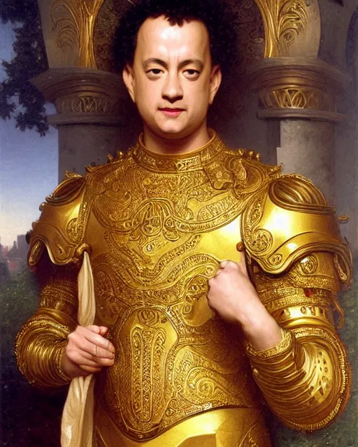 Prompt: Tom Hanks, dressed in ornate, detailed, intricate golden armor, detailed oil painting by William Adolphe Bouguereau