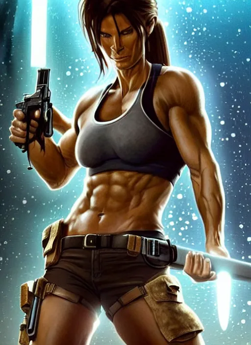 Prompt: muscled Sandra Bullock as Lara Croft as a ruggedly handsome heroine looking directly into the camera, jumping off a glowing artifact lodged in shallow blue glowing water, intricate, elegant, highly detailed, artstation, concept art, smooth, sharp focus, illustration, bokeh art by artgerm and donato giancola and Joseph Christian Leyendecker, WLOP, fireflies, distant snowstorm and thunder