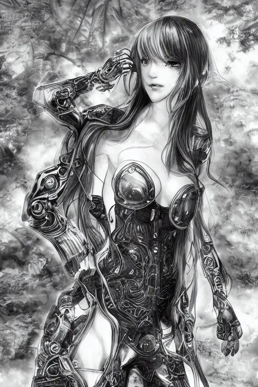 Image similar to a vertical portrait of a character in a scenic environment by Yoshitaka Amano, black and white, dreamy, cybernetic suit, wavy long black hair, highly detailed