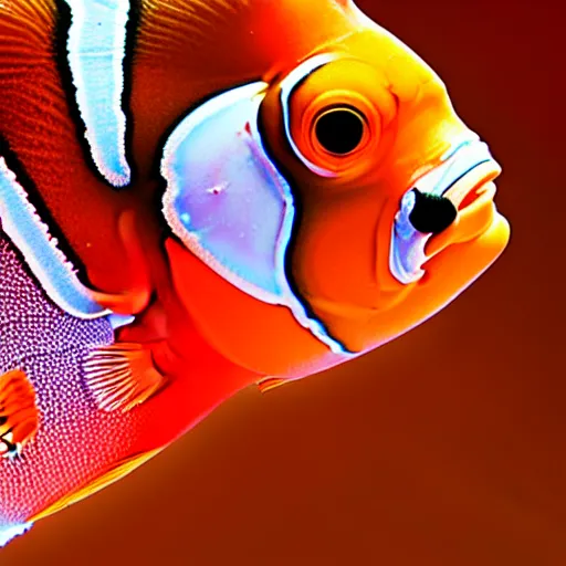 Image similar to high quality photo of a young beautiful female queen-feather-clownfish bust with a very long neck and Mandelbrot fractal face, Mandelbrot fractal skin, flesh, anatomical, facial muscles, veins, arteries, elegant, highly detailed, flesh highly baroque ornate, elegant, high fashion, rim light, octane render, in the style of Lindsay Adler, Realistic, Refined, Digital Art, Highly Detailed, Cinematic Lighting, rim light, photo-realistic, 8K